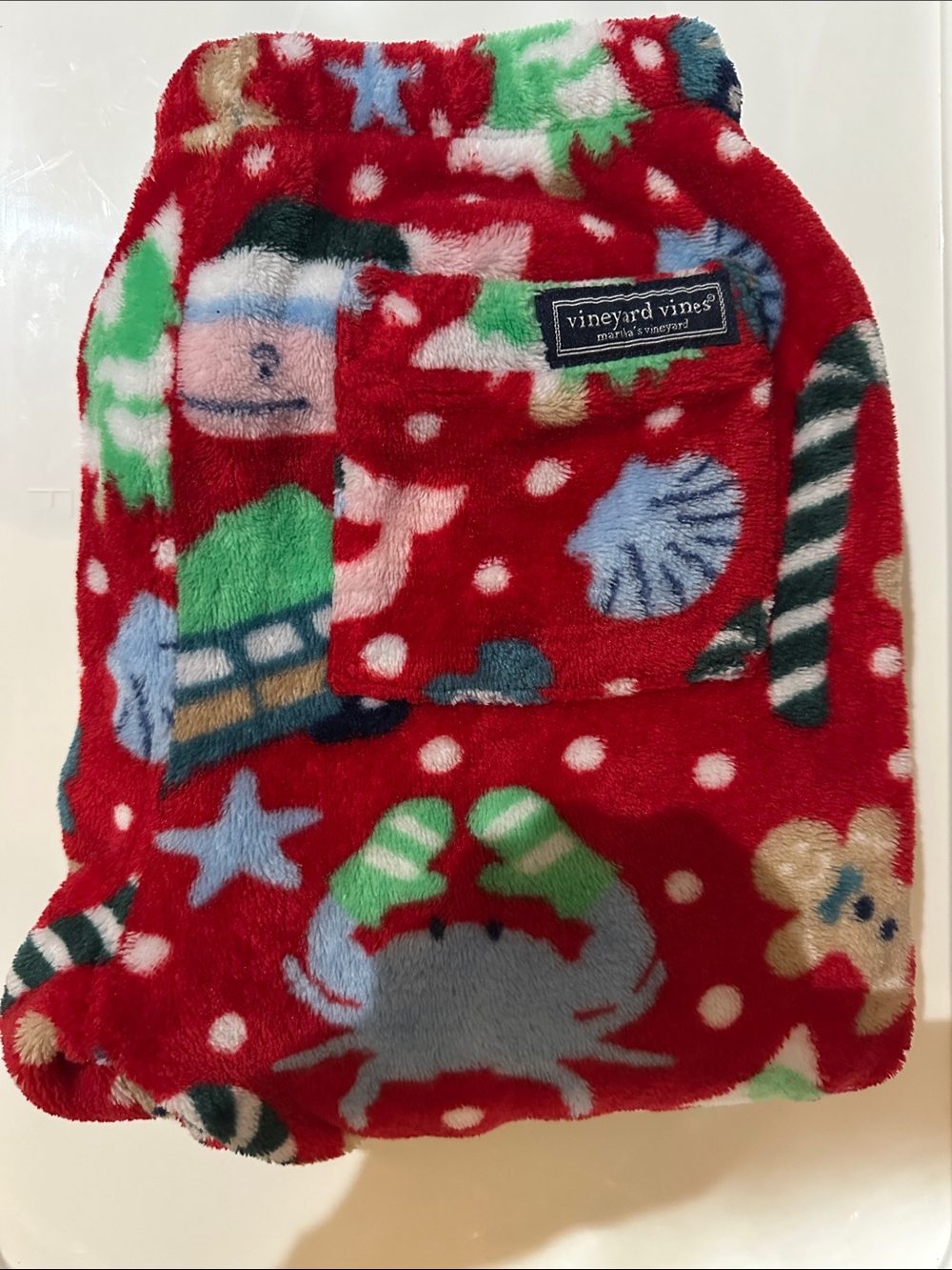 Vineyard Vines Red Plush Kids pj pants with Multicolor Holiday Sea Motifs